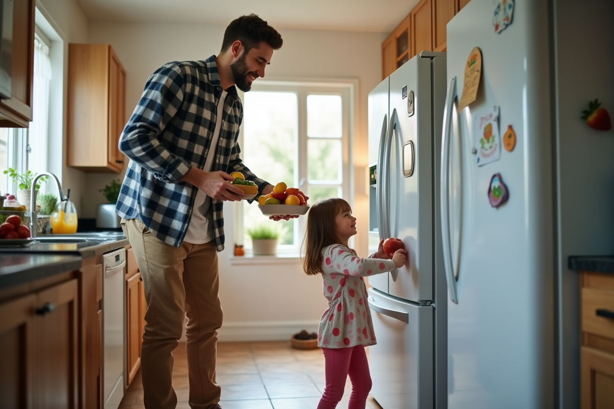 P&egrave;re aidant sa fille &agrave; mettre des fruits dans le frigo