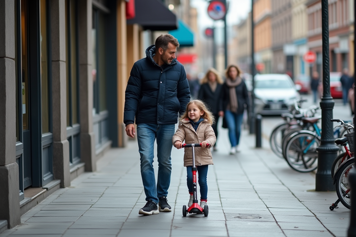 P&egrave;re guidant sa fille en scooter dans la rue