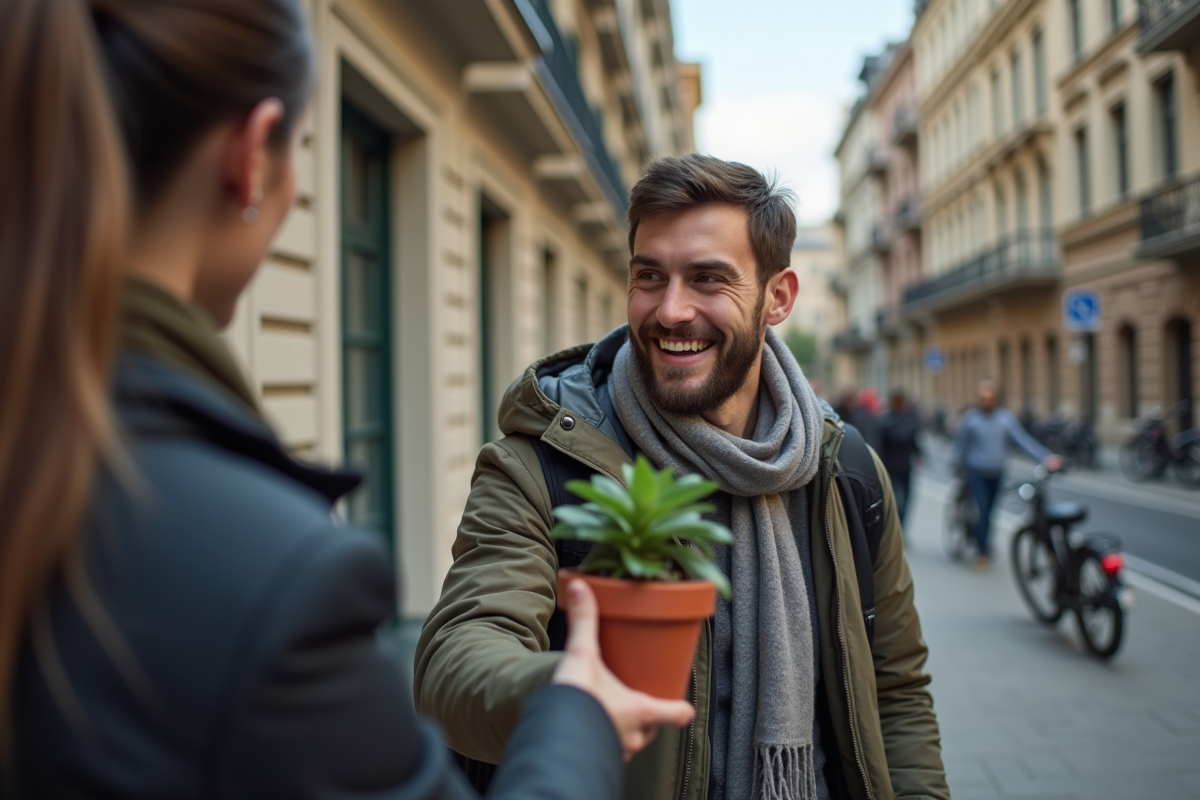 Jeune homme offrant une plante &agrave; une autre personne dans la ville