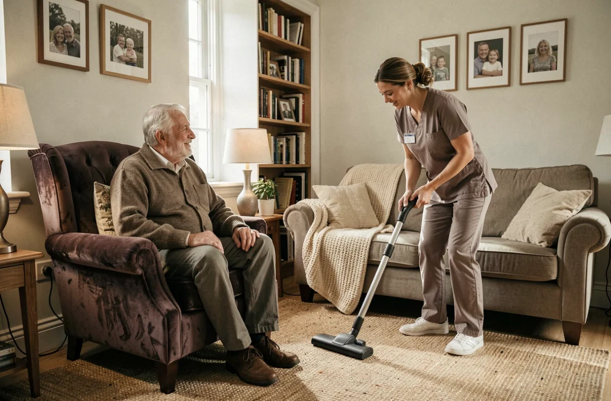 Personne âgée à domicile bénéficiant de l'aide ménagère dans son salon