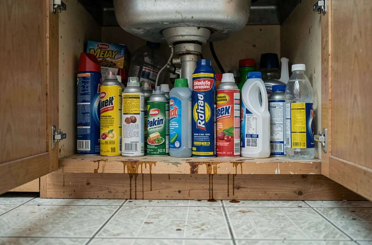 Placard sous l'évier rempli de produits ménagers chimiques potentiellement nocifs
