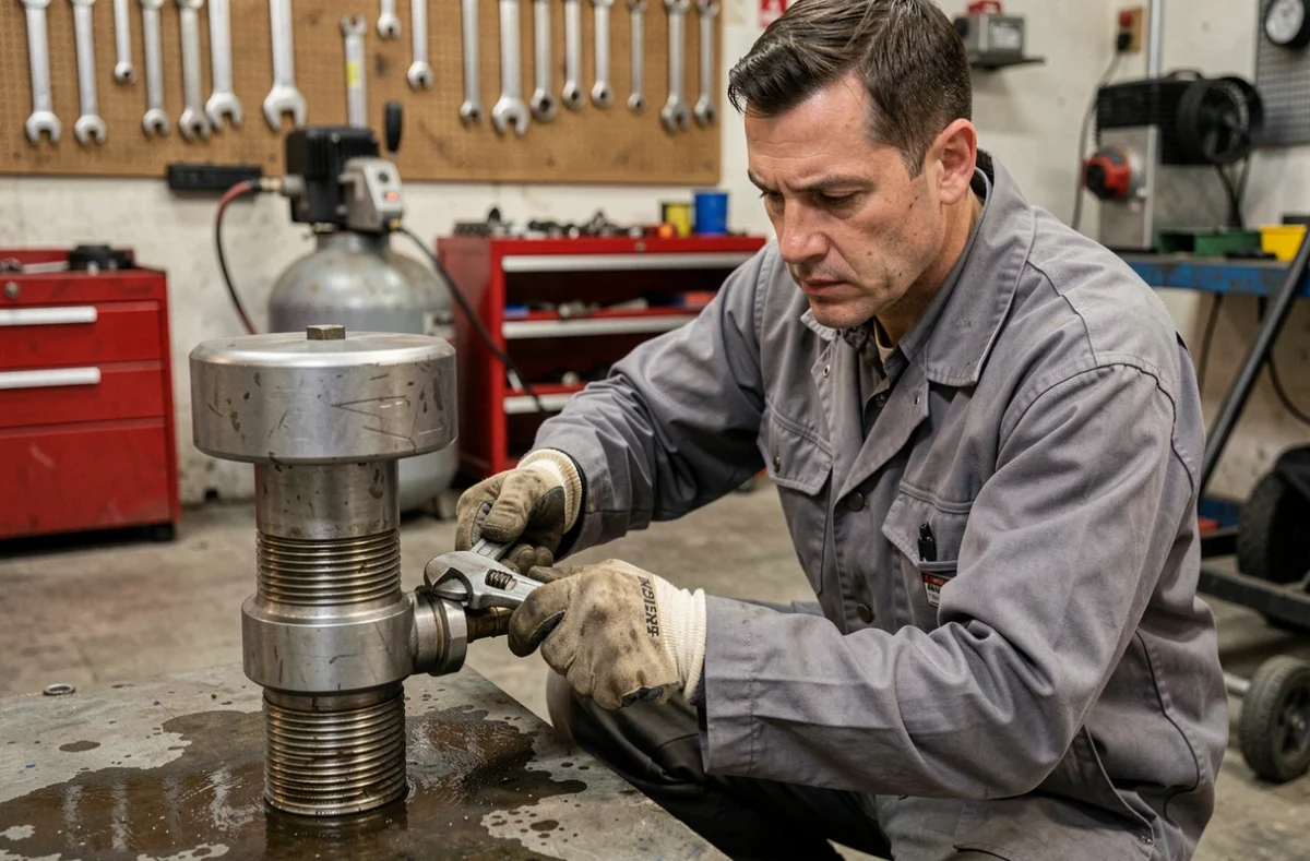 Plombier assemblant un raccord de tuyau en acier pour réseau d'air comprimé dans un garage automobile