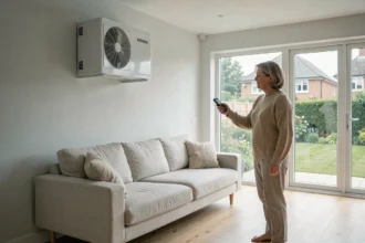 Pompe à chaleur air-air murale installée dans un salon moderne de 80 m2 avec une femme utilisant la télécommande