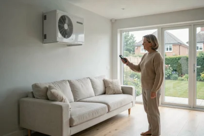 Pompe à chaleur air-air murale installée dans un salon moderne de 80 m2 avec une femme utilisant la télécommande