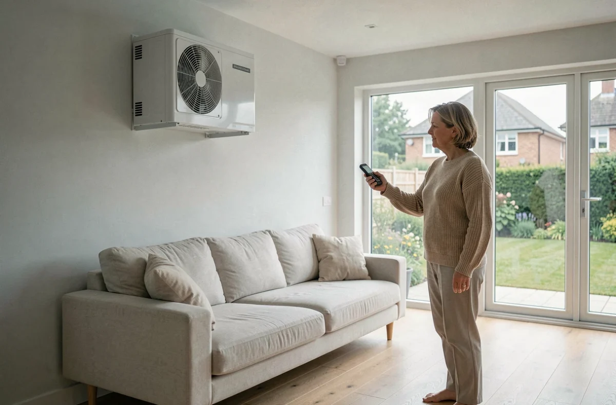 Pompe à chaleur air-air murale installée dans un salon moderne de 80 m2 avec une femme utilisant la télécommande