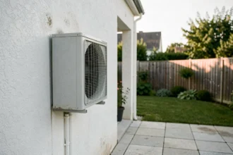 Pompe à chaleur air-eau installée sur la façade extérieure d'une maison pavillonnaire française avec jardin en arrière-plan