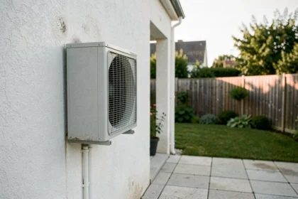 Pompe à chaleur air-eau installée sur la façade extérieure d'une maison pavillonnaire française avec jardin en arrière-plan