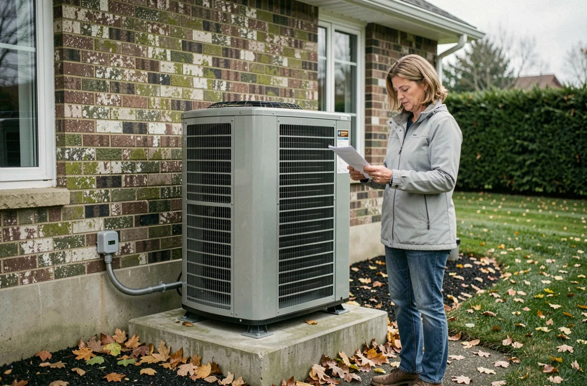 Pompe à chaleur air-air installée à l'extérieur d'une maison individuelle en automne