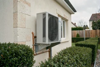 Pompe à chaleur air-eau installée sur la façade extérieure d'une maison contemporaine française