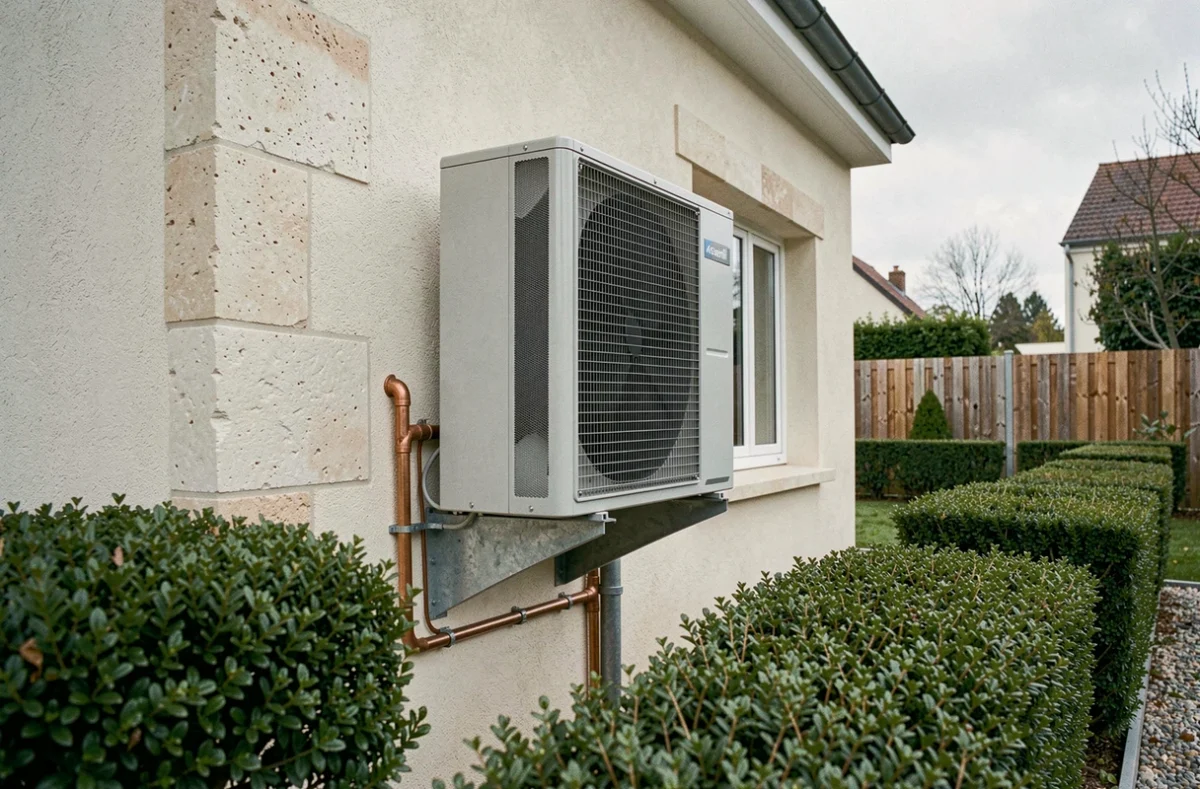 Pompe à chaleur air-eau installée sur la façade extérieure d'une maison contemporaine française