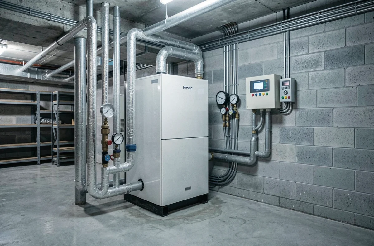 Installation de pompe à chaleur géothermique dans une chaufferie de maison individuelle