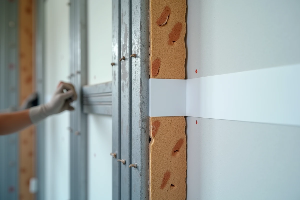 Détail d'un pont thermique traité à la jonction entre une plaque de plâtre et un pilier en béton avec ruban isolant