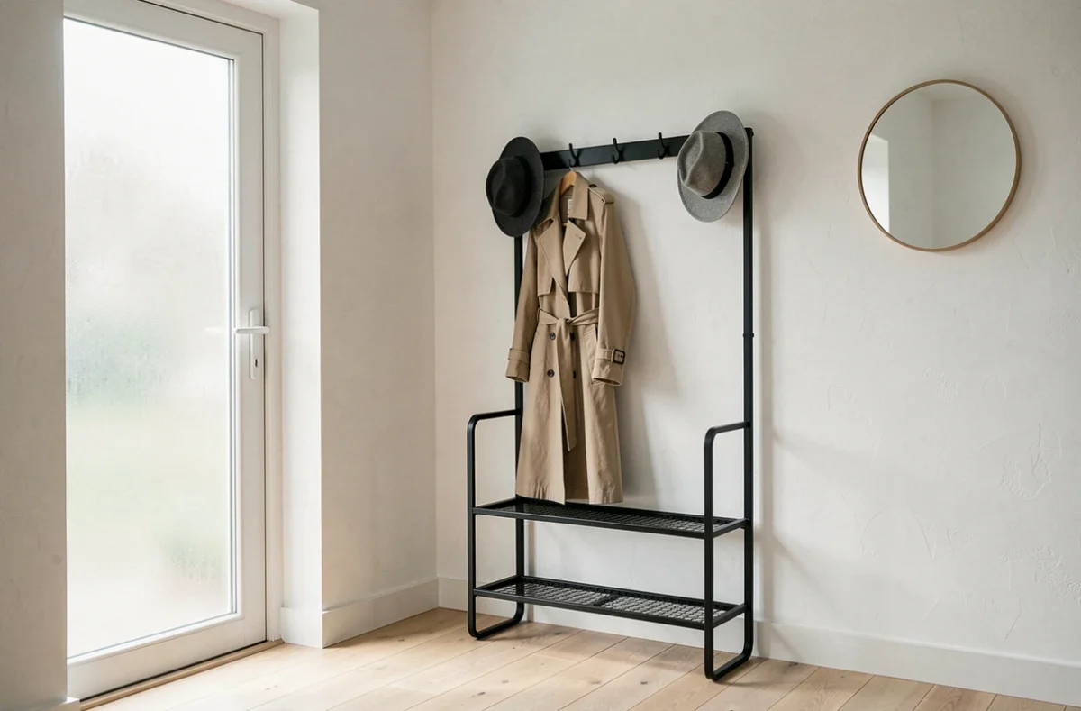 Porte manteaux en métal noir avec étagère à chaussures dans une entrée de style scandinave avec miroir rond et parquet en chêne clair