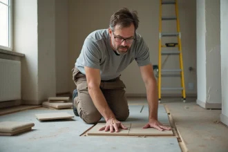 Homme posant un carrelage au sol dans une rénovation intérieure
