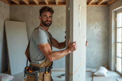Ouvrier posant une plaque de placo isolé contre un mur en béton brut dans une pièce en rénovation