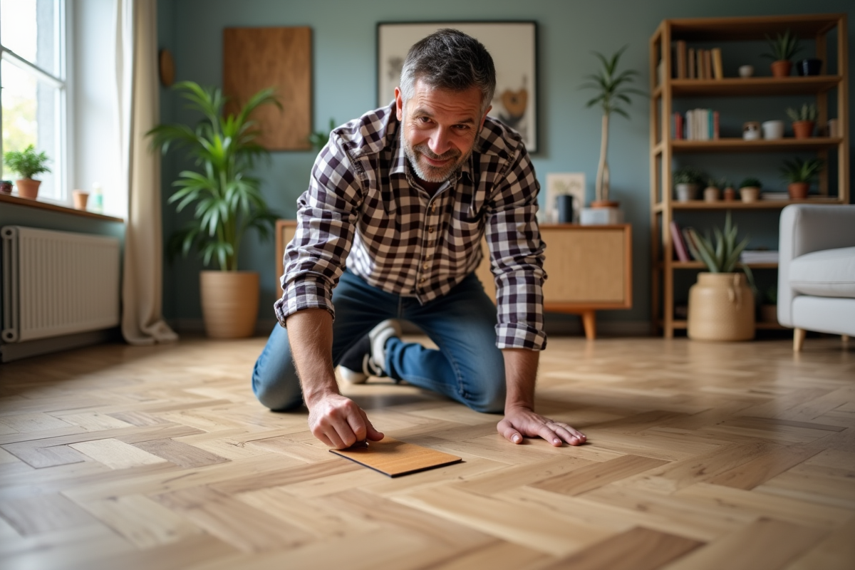 Homme posant du vinyl sur parquet dans un salon moderne
