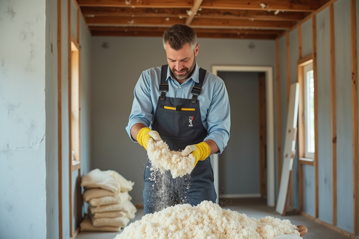 Ouvrier en overalls posant avec isolation cellulose dans un mur