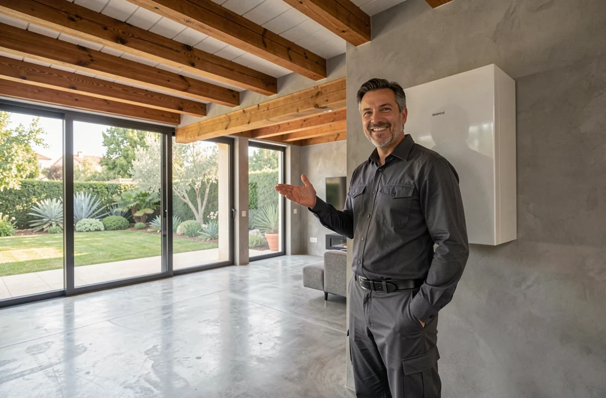 Installateur Pro Feu Design EIRL présentant une pompe à chaleur design dans un salon moderne à poutres apparentes en Hérault