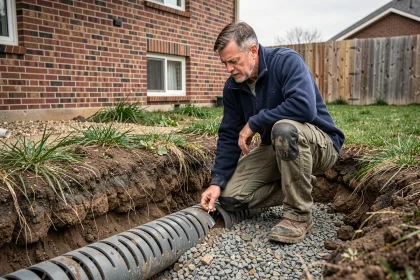 Professionnel du drainage inspectant un tuyau perforé dans une tranchée autour d'une maison résidentielle