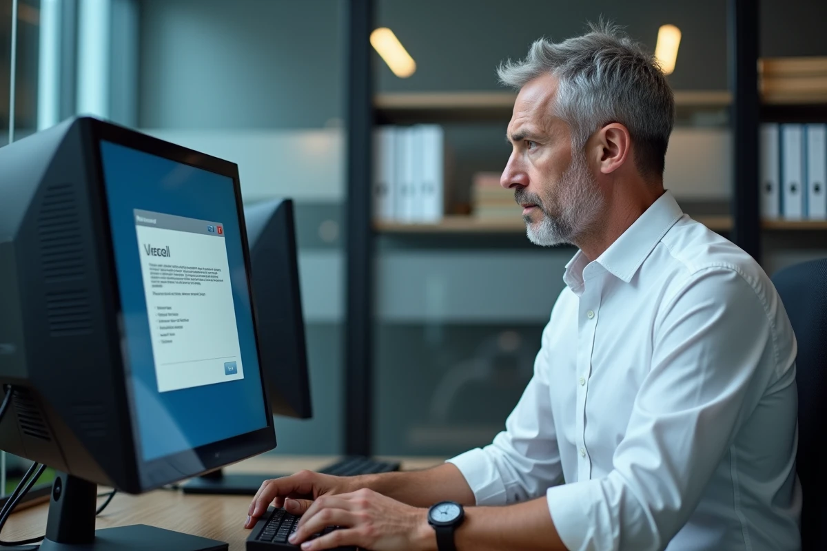 Professionnel installant le logiciel Kozikaza sur un ordinateur de bureau dans un environnement de travail
