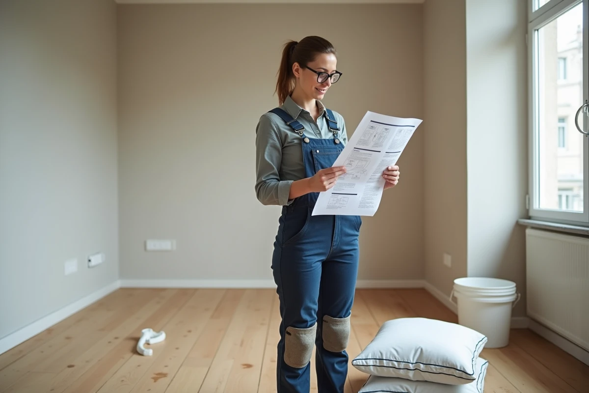 Professionnelle en salopette consultant une fiche technique de ragréage bois dans un appartement en cours de rénovation
