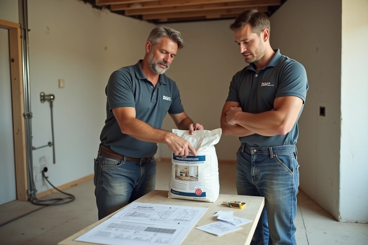 Deux professionnels de la rénovation examinant un plancher irrégulier avant la mise en œuvre du ragréage