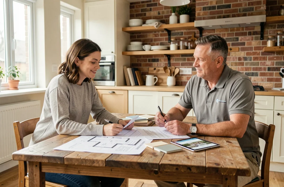 Propriétaire et artisan local discutant des devis de rénovation autour d'une table avec plans et échantillons de matériaux