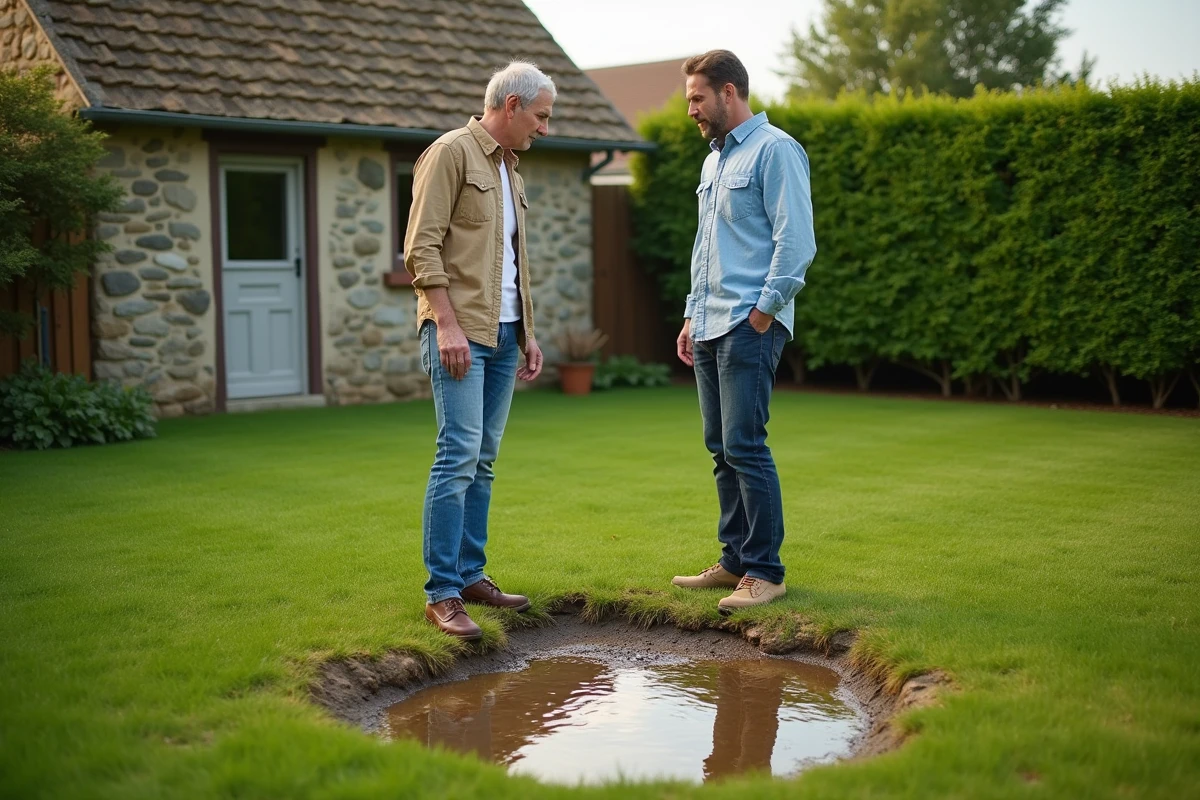 Couple de propriétaires inquiets observant une infiltration d'effluents en surface dans leur jardin due à une fosse septique saturée