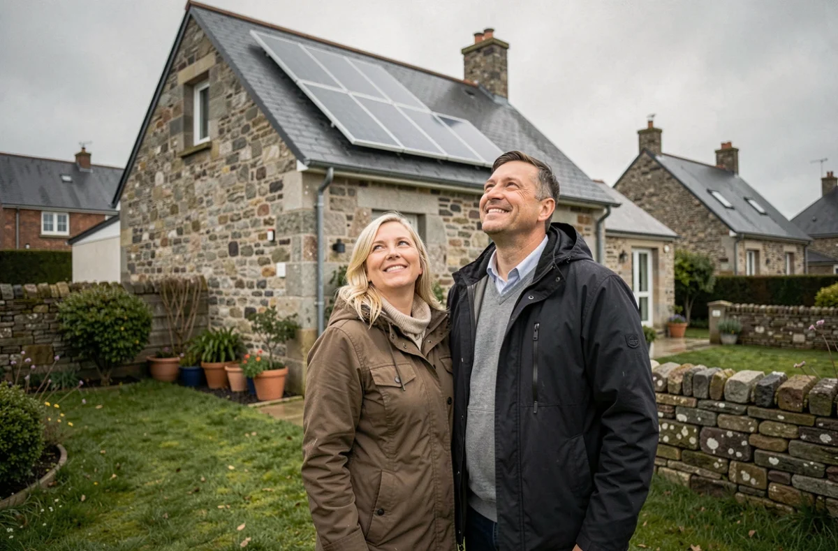 Couple de propriétaires devant leur maison équipée de panneaux solaires à Brest