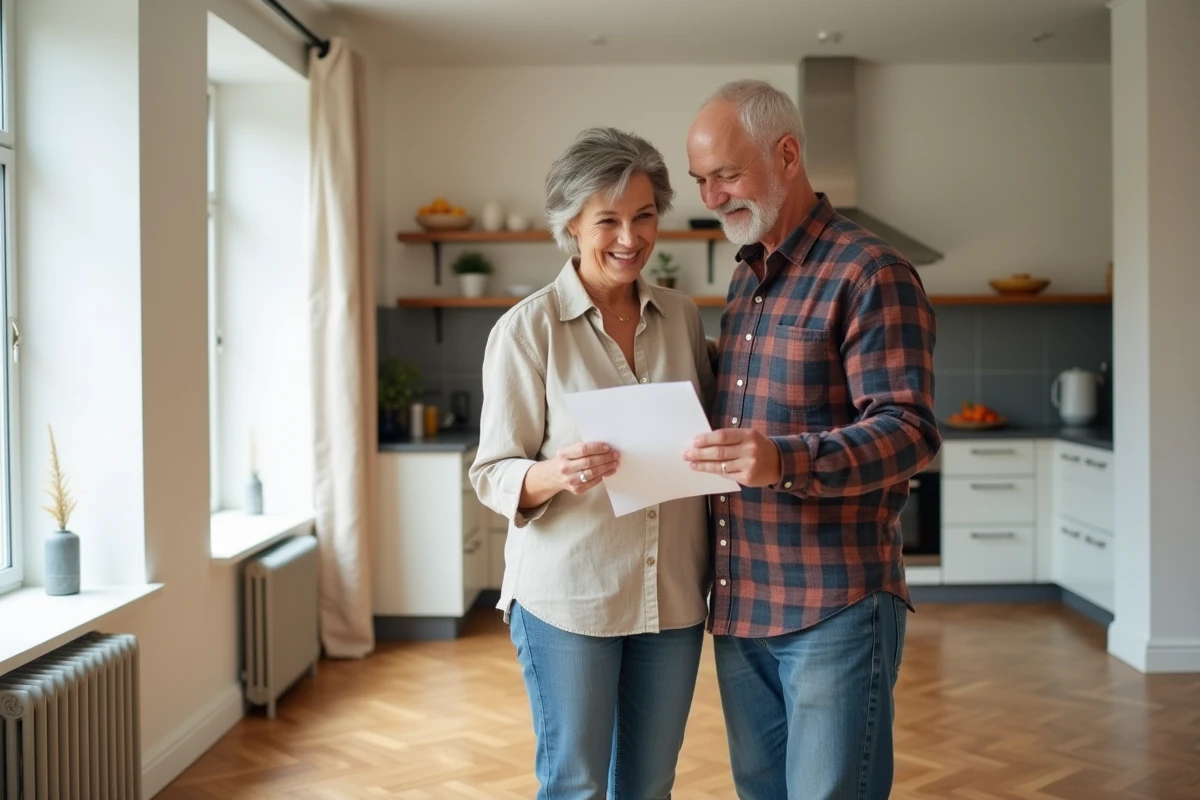Couple de propriétaires satisfaits consultant leur bilan de rénovation énergétique dans leur maison rénovée