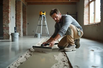 Ouvrier appliquant un ragréage autonivelant sur un plancher béton avec forte différence de niveau