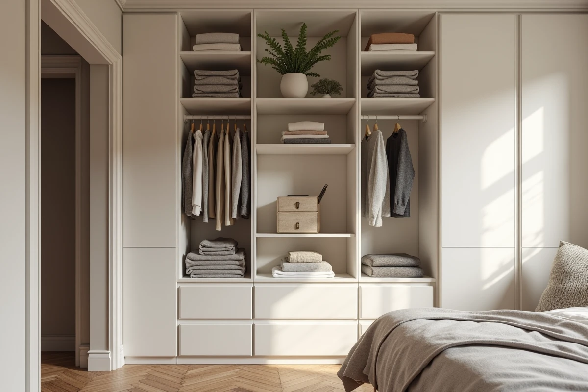 Rangement d'angle encastré du sol au plafond en laqué blanc dans une chambre parentale élégante