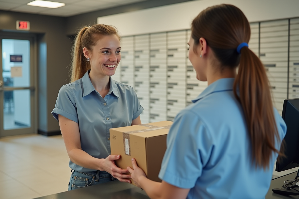 Jeune femme recevant un colis au bureau de poste