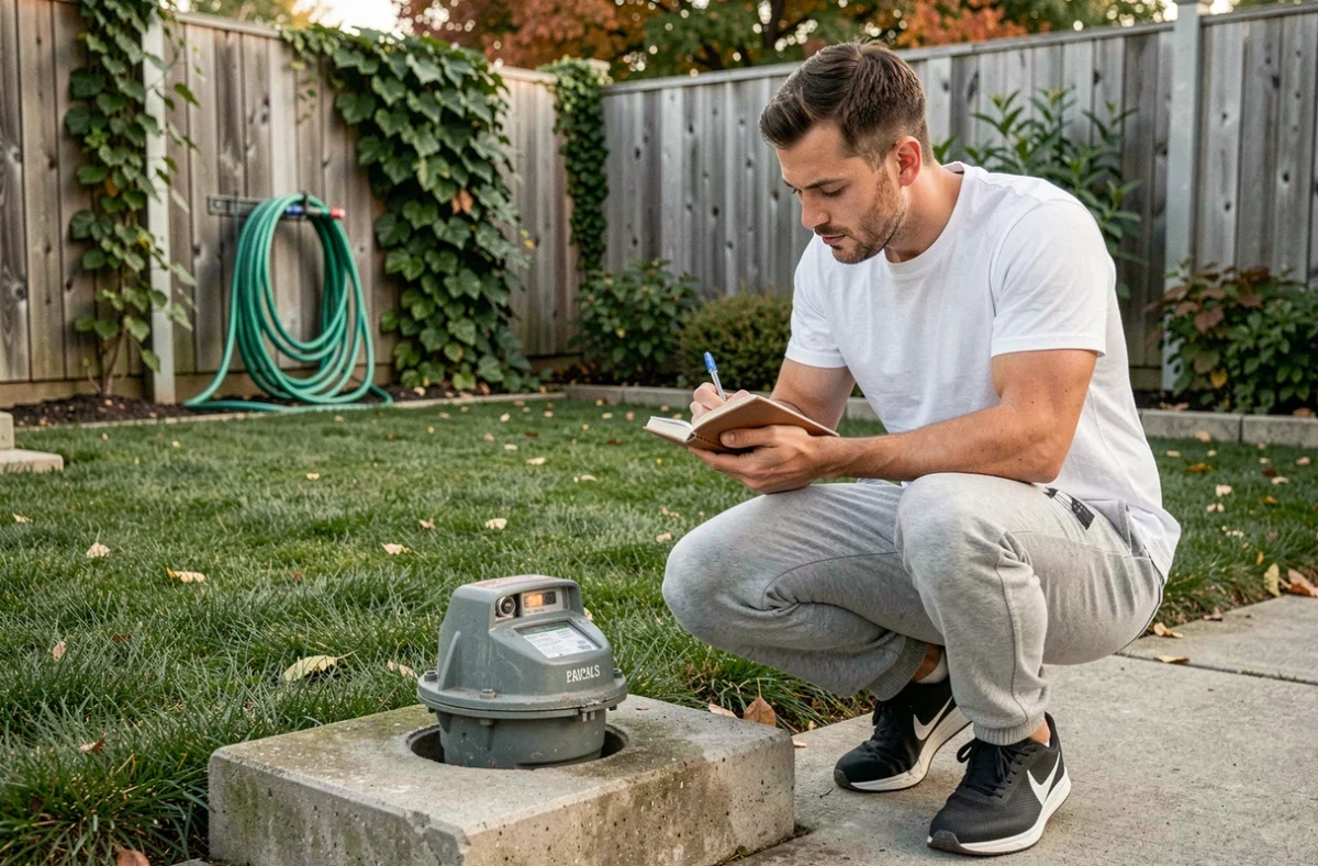 Homme relevant un compteur d'eau extérieur pour mesurer et réduire sa consommation moyenne annuelle