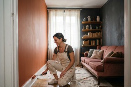 Femme en train de peindre un mur en terre cuite dans un salon sombre pour rénover l'intérieur sans gros travaux