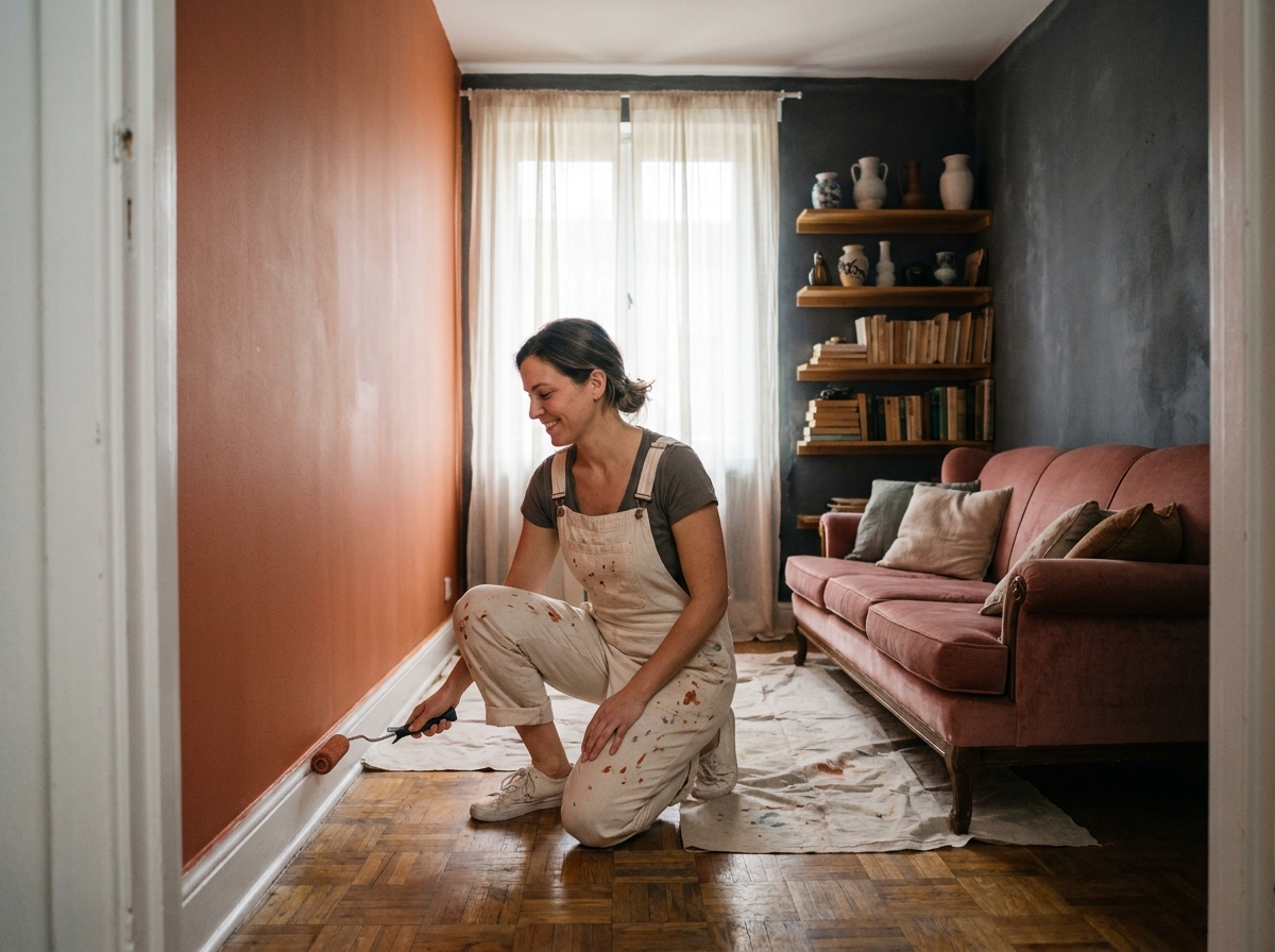 Femme en train de peindre un mur en terre cuite dans un salon sombre pour rénover l'intérieur sans gros travaux