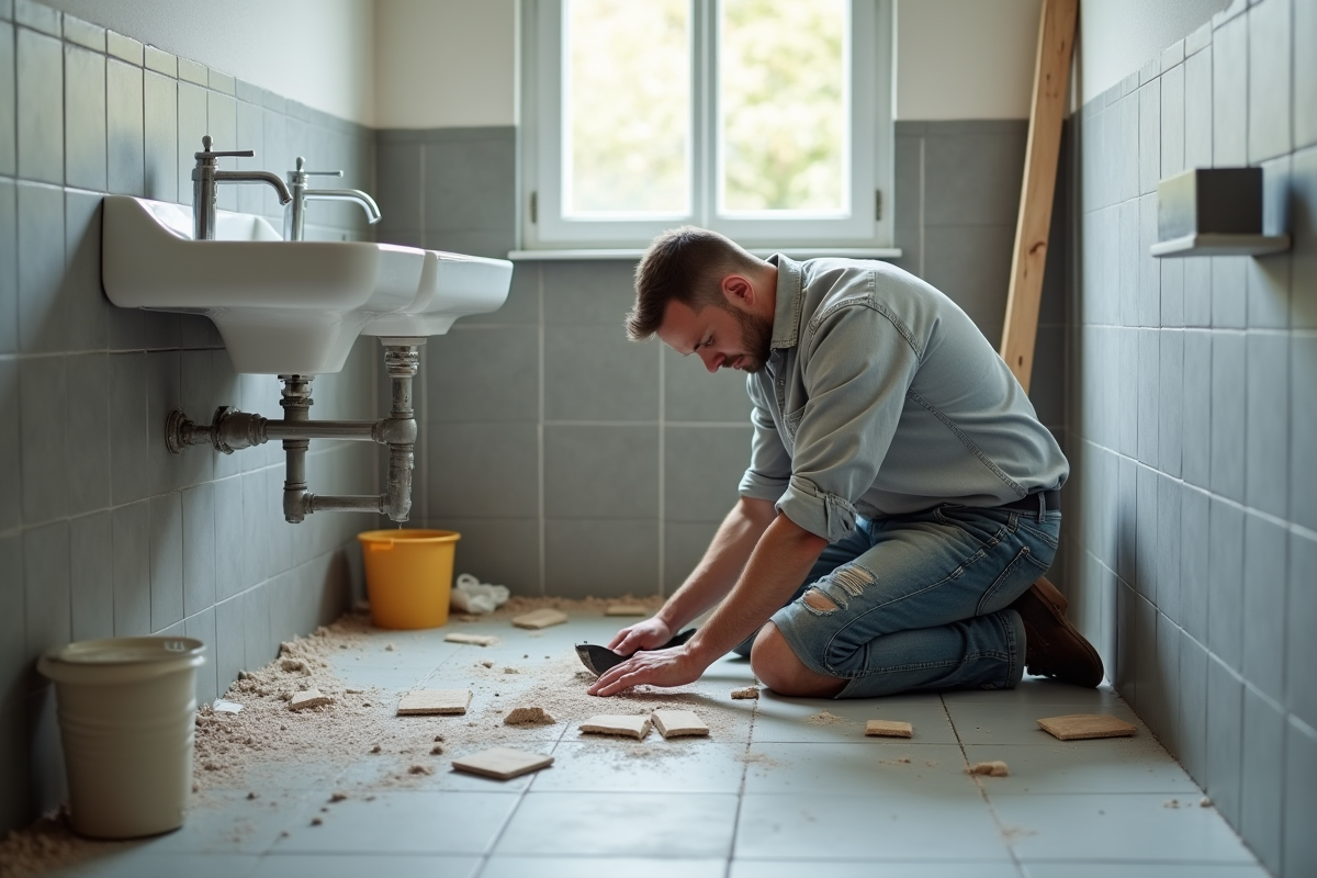 Homme moyen âge en train de retirer des carreaux dans une salle de bain