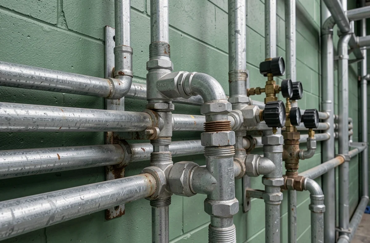 Réseau de tuyaux en acier galvanisé de différents diamètres pour distribution d'air comprimé en usine