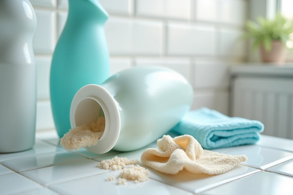 Réservoir de shampouineuse posé à côté d'une lessive et d'un produit adapté pour illustrer les erreurs d'utilisation