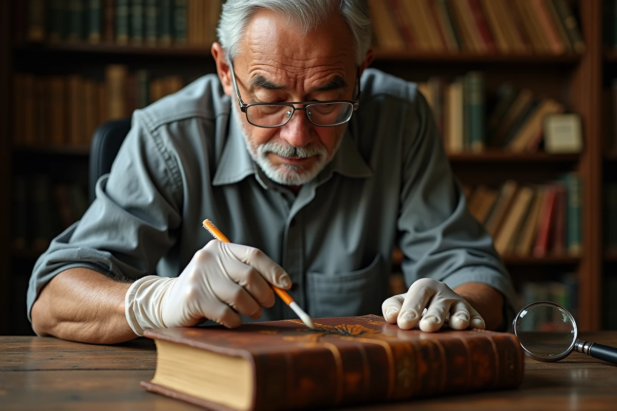 Homme âgé appliquant précautionneusement un produit nettoyant sur un livre ancien en cuir moisi avec un coton-tige