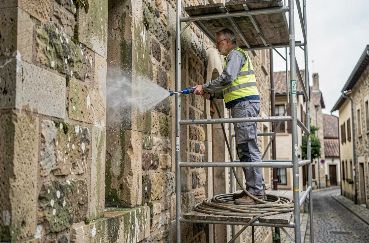 Spécialiste de Rhône Façades nettoyant une façade en pierre au nettoyeur haute pression avant remise en peinture