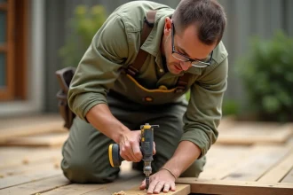 Charpentier injectant une résine de scellement chimique dans une terrasse en bois lors de la pose de vis longue durée