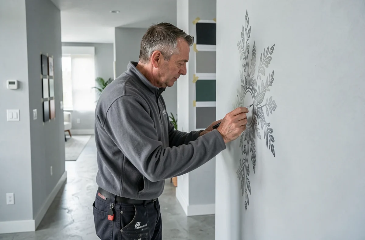 Artisan de Schmitt Peinture appliquant un motif décoratif au pochoir sur un mur dans un couloir contemporain