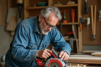 Artisan utilisant une scie circulaire Parkside LIDL sur un établi en bois dans un atelier de bricolage