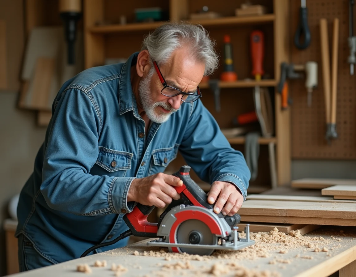 Artisan utilisant une scie circulaire Parkside LIDL sur un établi en bois dans un atelier de bricolage