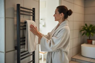 Femme dans peignoir près d'un sèche-serviettes moderne