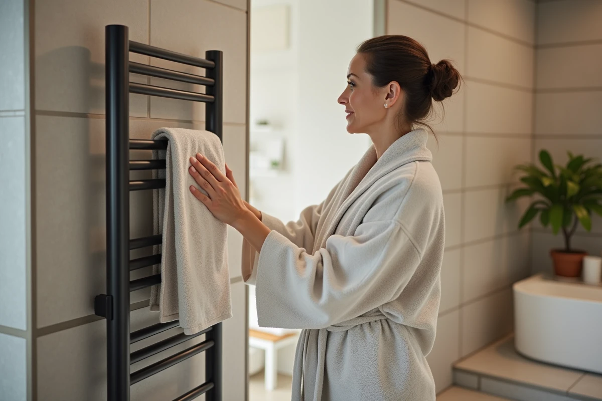 Femme dans peignoir près d'un sèche-serviettes moderne