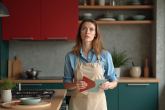 Femme réfléchissant à des échantillons de couleurs dans une cuisine moderne