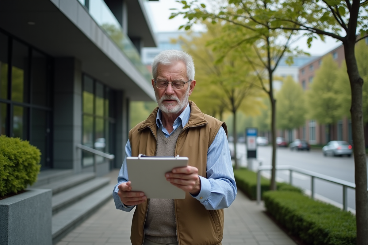Homme &acirc;g&eacute; mettant &agrave; jour son adresse devant un immeuble