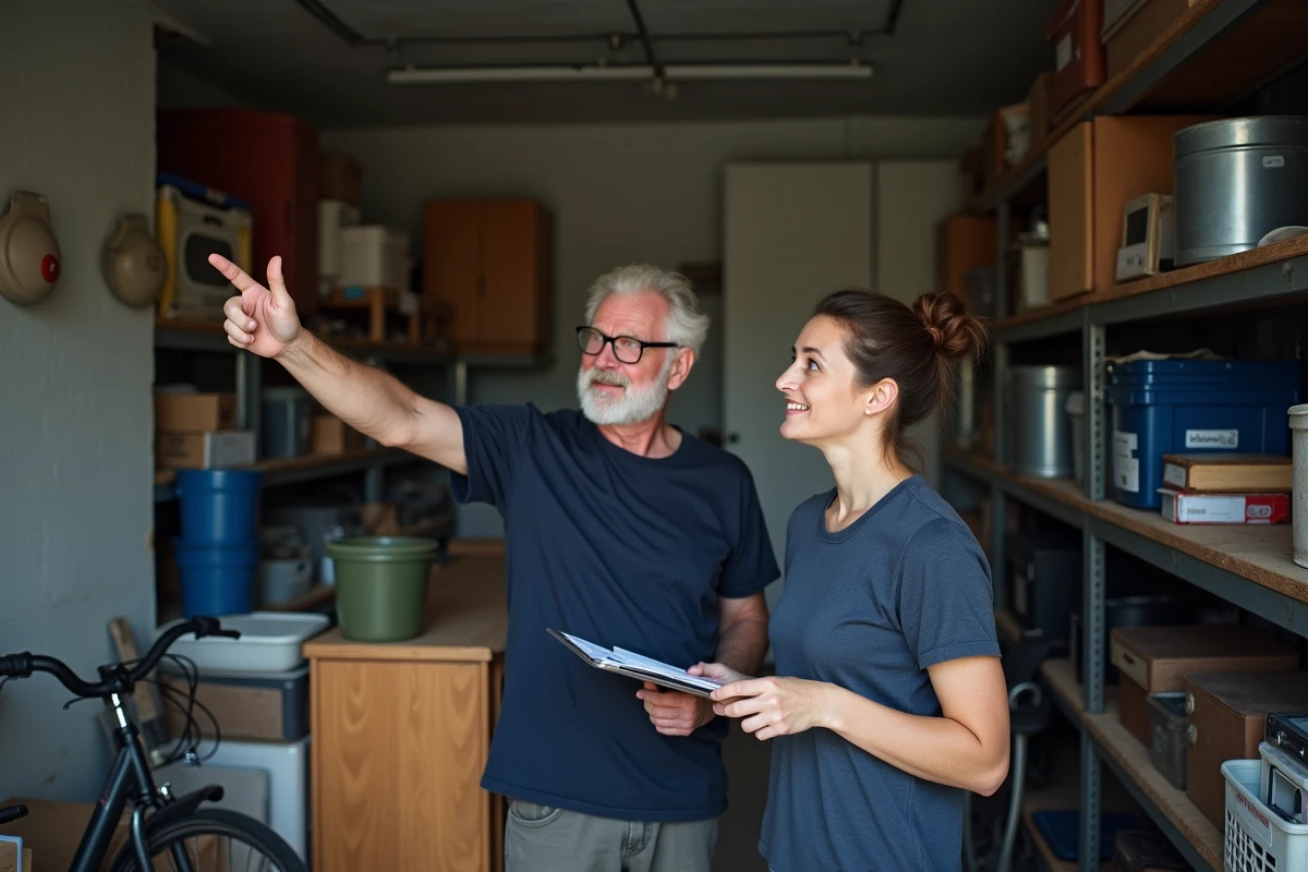 Un senior et une bénévole évaluent le contenu d'un garage encombré lors d'un débarras gratuit à domicile